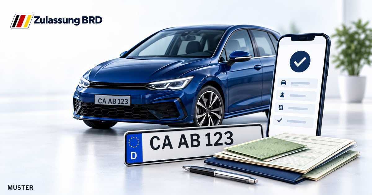 Online Fahrzeugzulassung in Lübbenau/Spreewald / Lubnjow/Błota: Musterkennzeichen CA AB 123, Auto und Fahrzeugpapiere und Smartphone. Illustration mit Logo von Zulassung BRD.